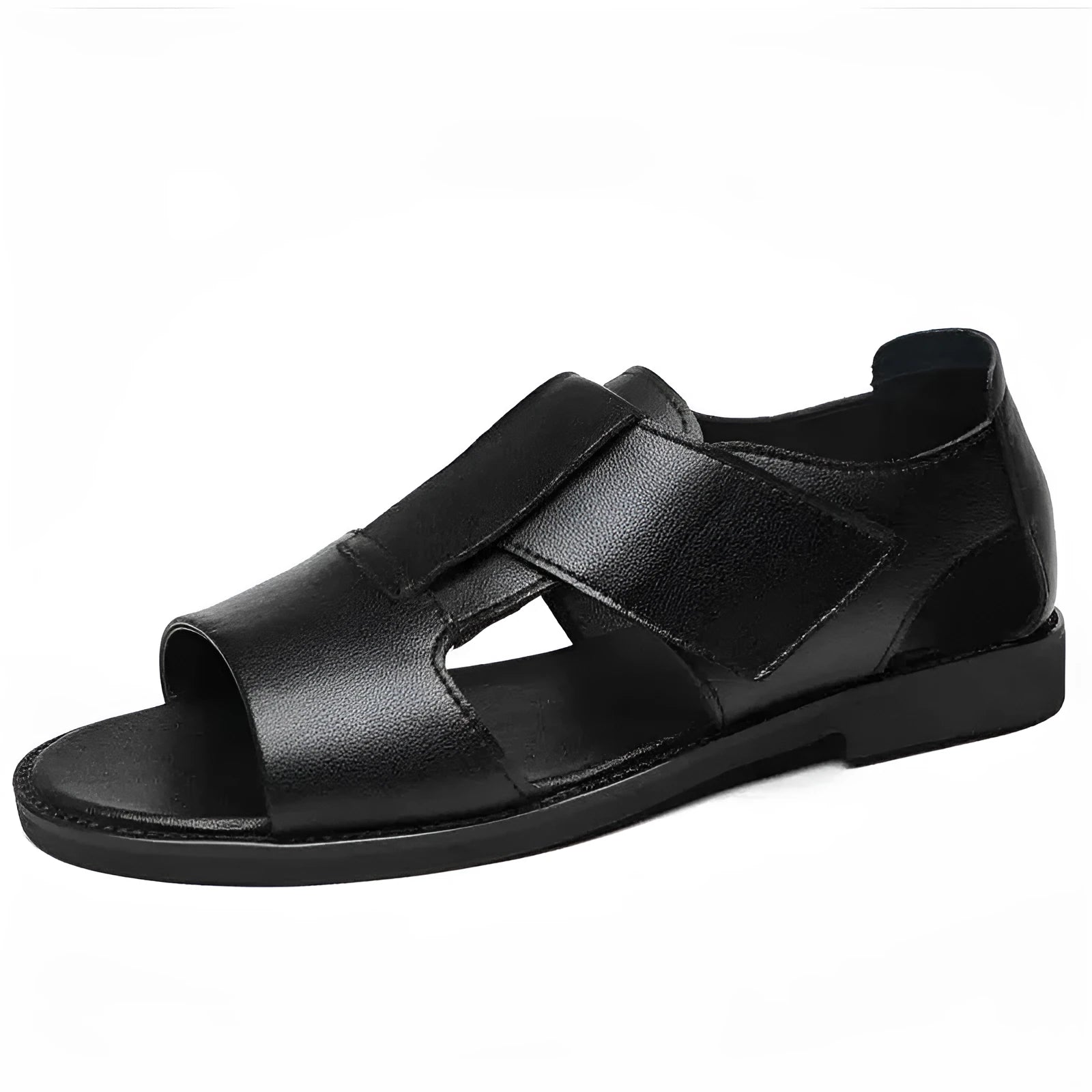 Men's black and brown leather Roman sandals with open toe and rubber sole
