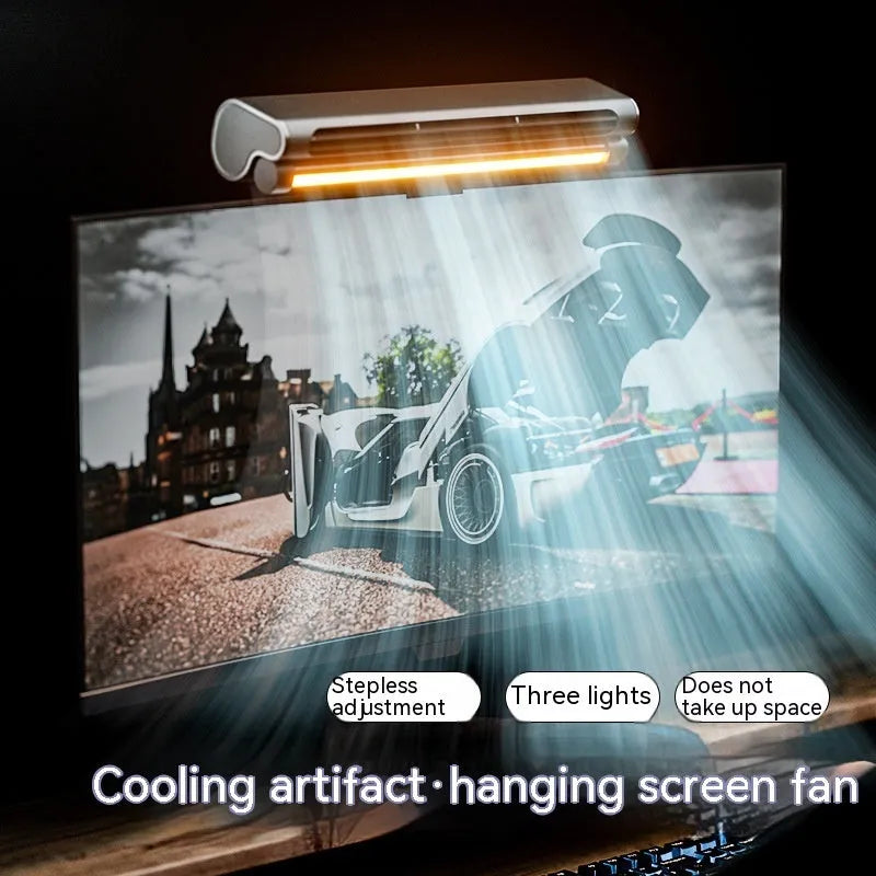 Black clip-on bladeless fan with integrated light attached to a laptop screen.
