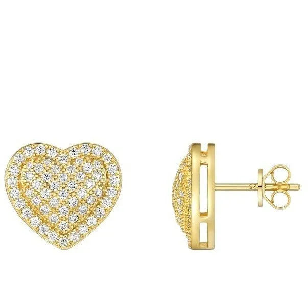 A pair of golden heart-shaped moissanite stud earrings on an S925 silver post.