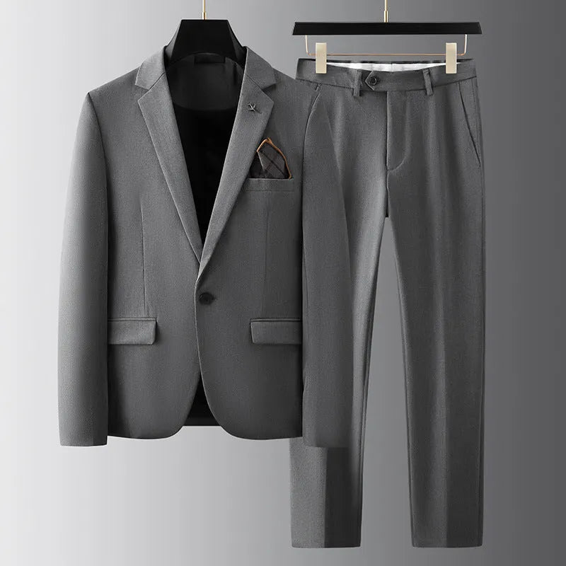 Men's slim fit casual suit set in gray, polyester-viscose fabric, for business formal wear