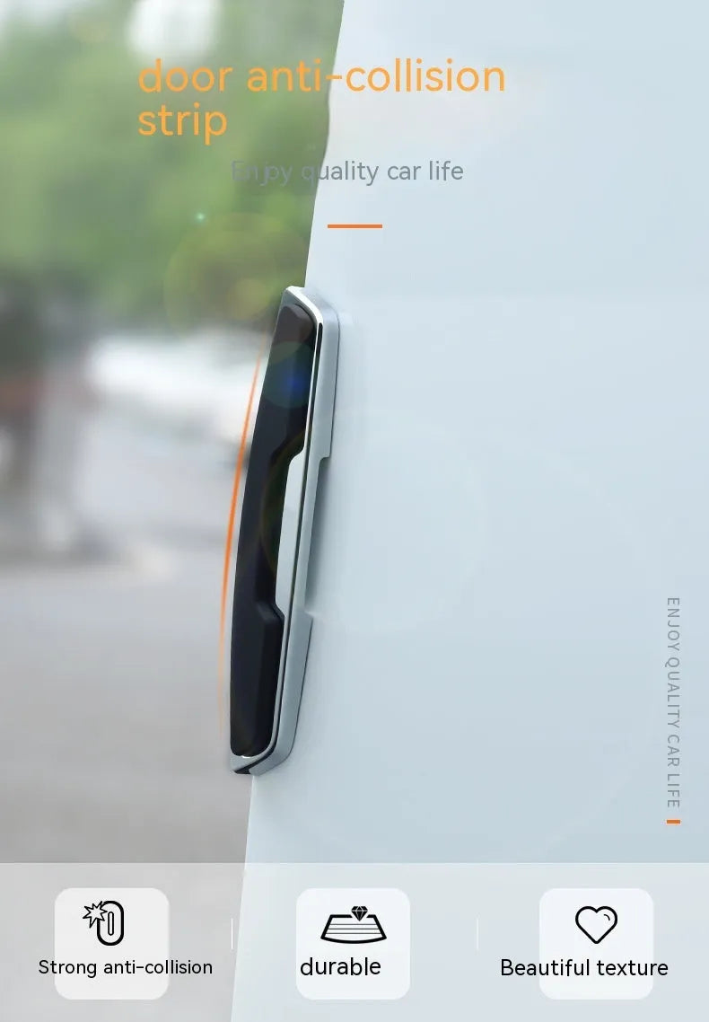 Black car door bumper strip set with four plastic silicone protection strips measuring 9.5 by 2 cm