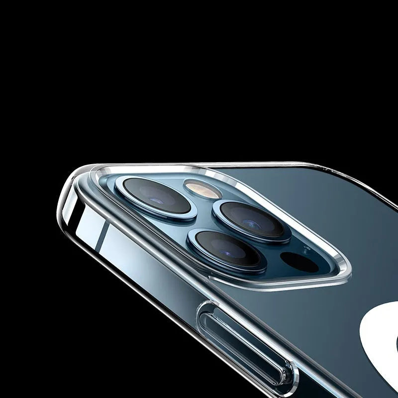 Full transparent magnetic phone case for iPhone, showing clear PC back cover design.