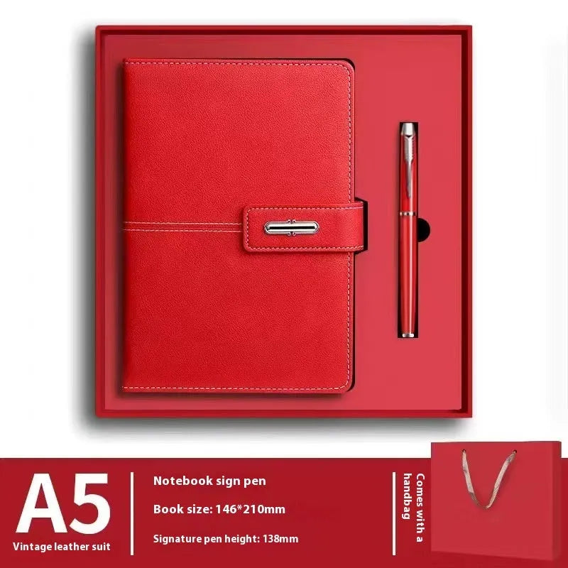 Custom A5 notebook with PU leather cover in colour options of black, red, green, blue, or orange, showing wood-free paper inside.