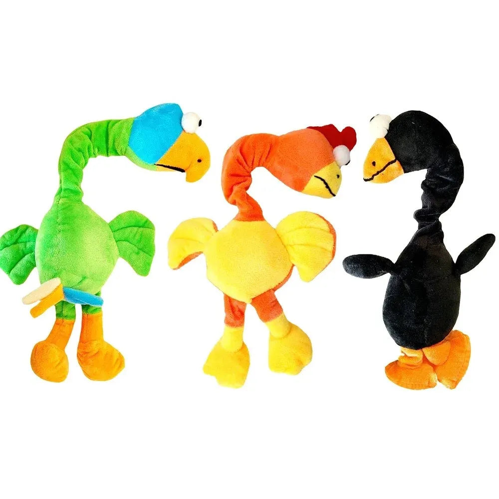 Black, green, and orange screaming chicken sound squeaky dog chew toy.