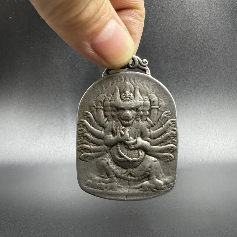 Iron antique pendant with Chinese geometric carving and Aryaacalanatha Yamantaka design