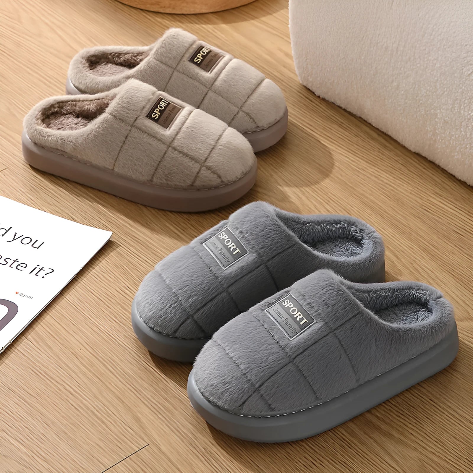 Men's grey and brown plaid cotton slippers with thick sole and woolly lining.