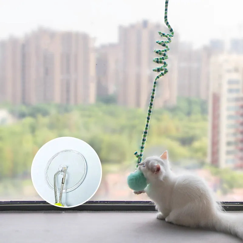 Hanging cat toy with colourful inflatable ball and bell stick mounted on door with suction cup