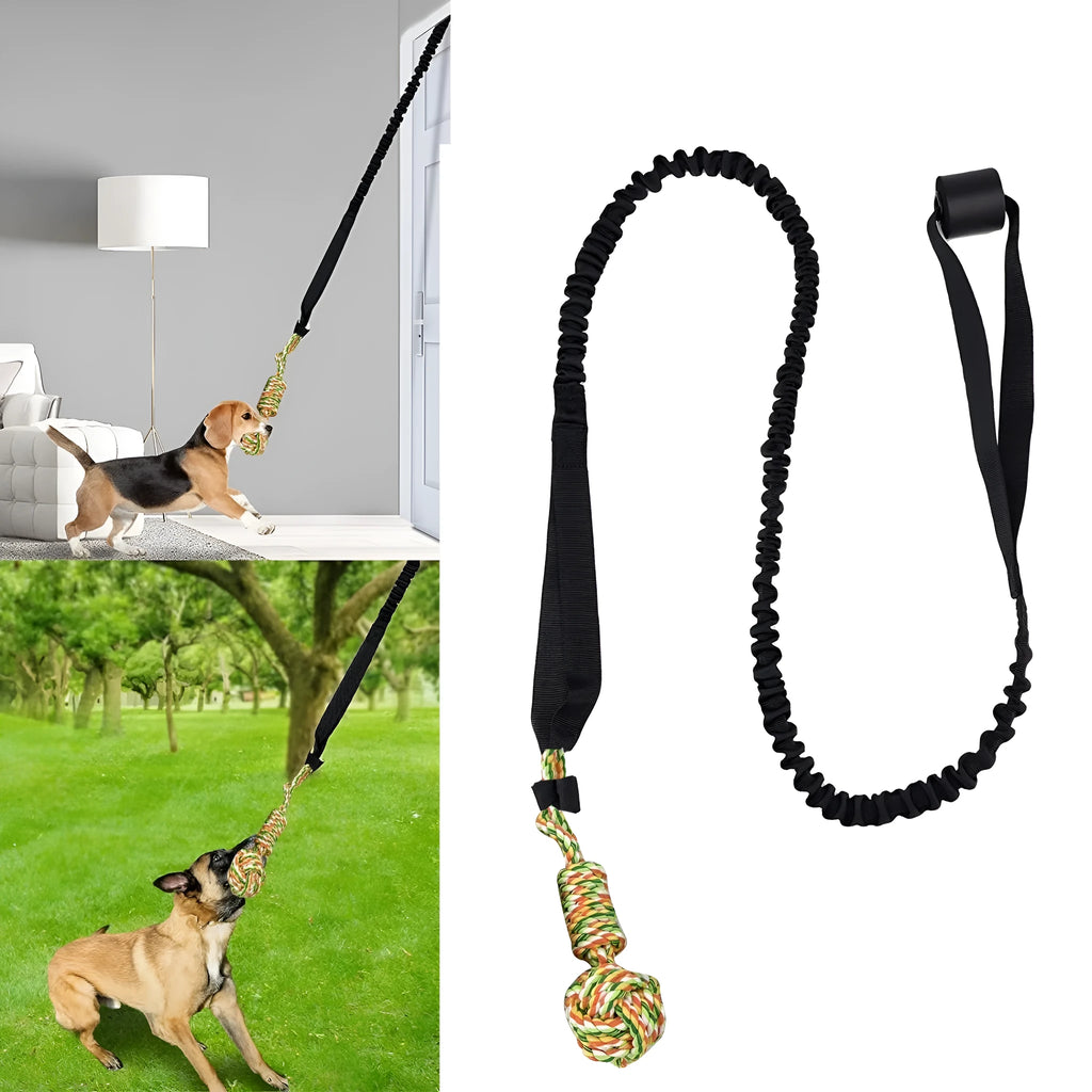 A twisted cotton rope dog toy for tug-of-war and chewing, shown in black, grey, or red.