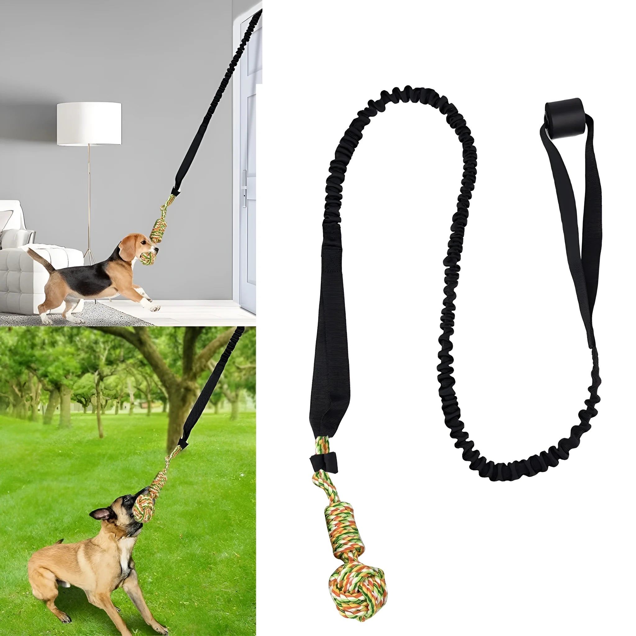 A twisted cotton rope dog toy for tug-of-war and chewing, shown in black, grey, or red.