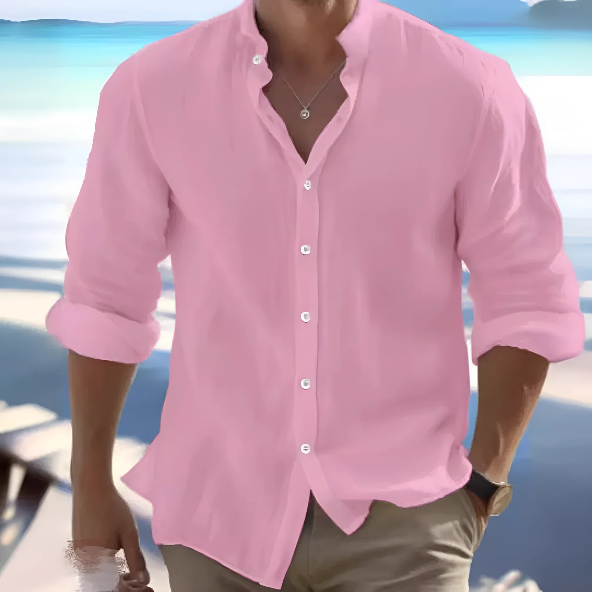 Men's light grey long-staple cotton casual beach shirt with collaged stitching detail.