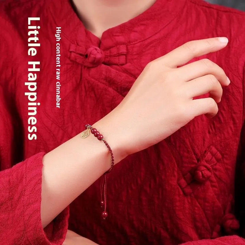 Cinnabar bracelet with braided rope and peach blossom charm for exam luck