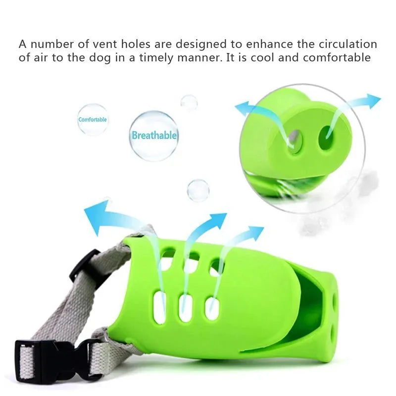 Blue and green silicone dog muzzle covers shown in small and large sizes for anti-bite training.