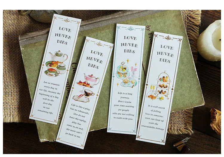 30 sheets of white cardboard bookmarks showing four design themes including Phantom of the Opera and Salt of Life
