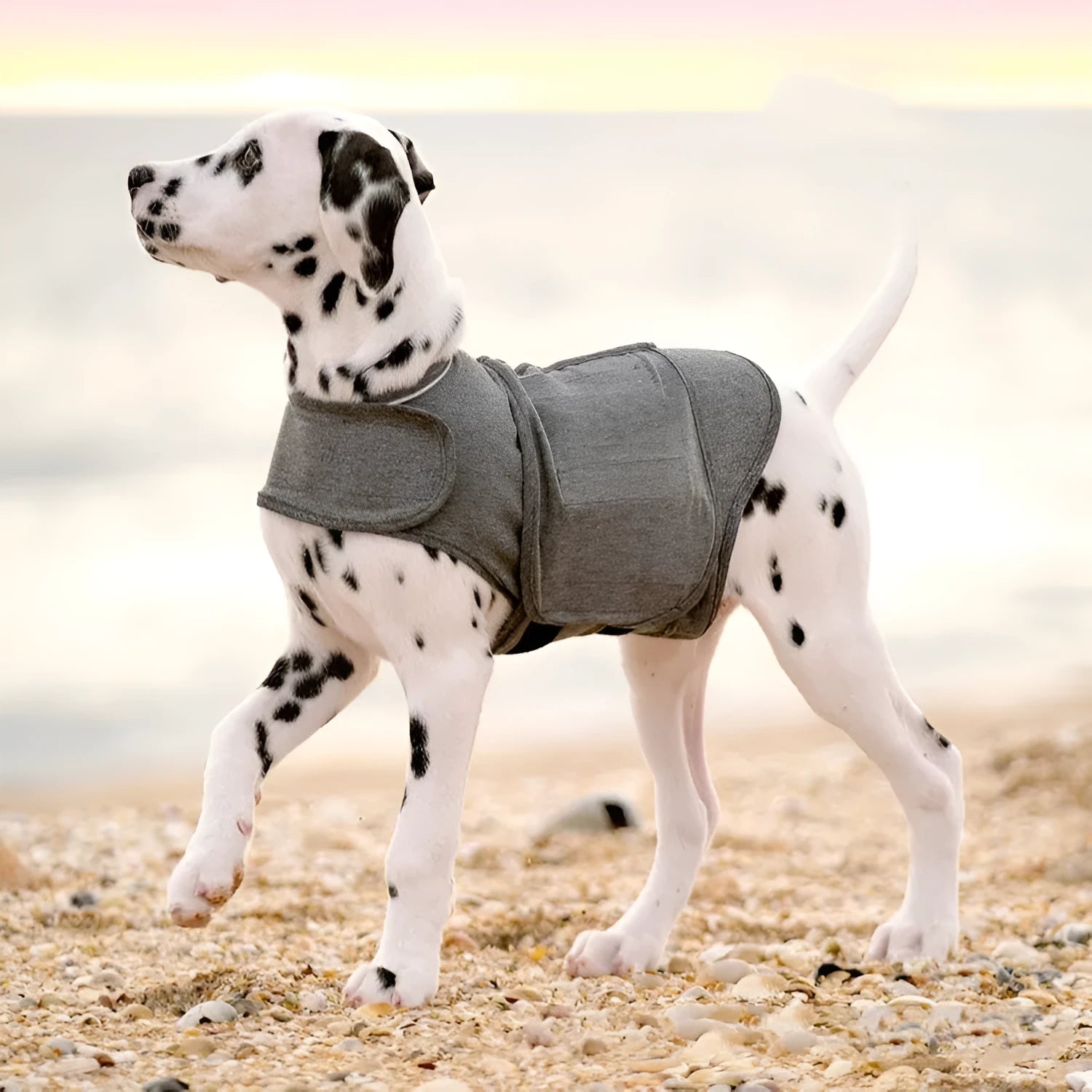 Heather grey dog anxiety vest shown on a model, illustrating its jacket style and fit.