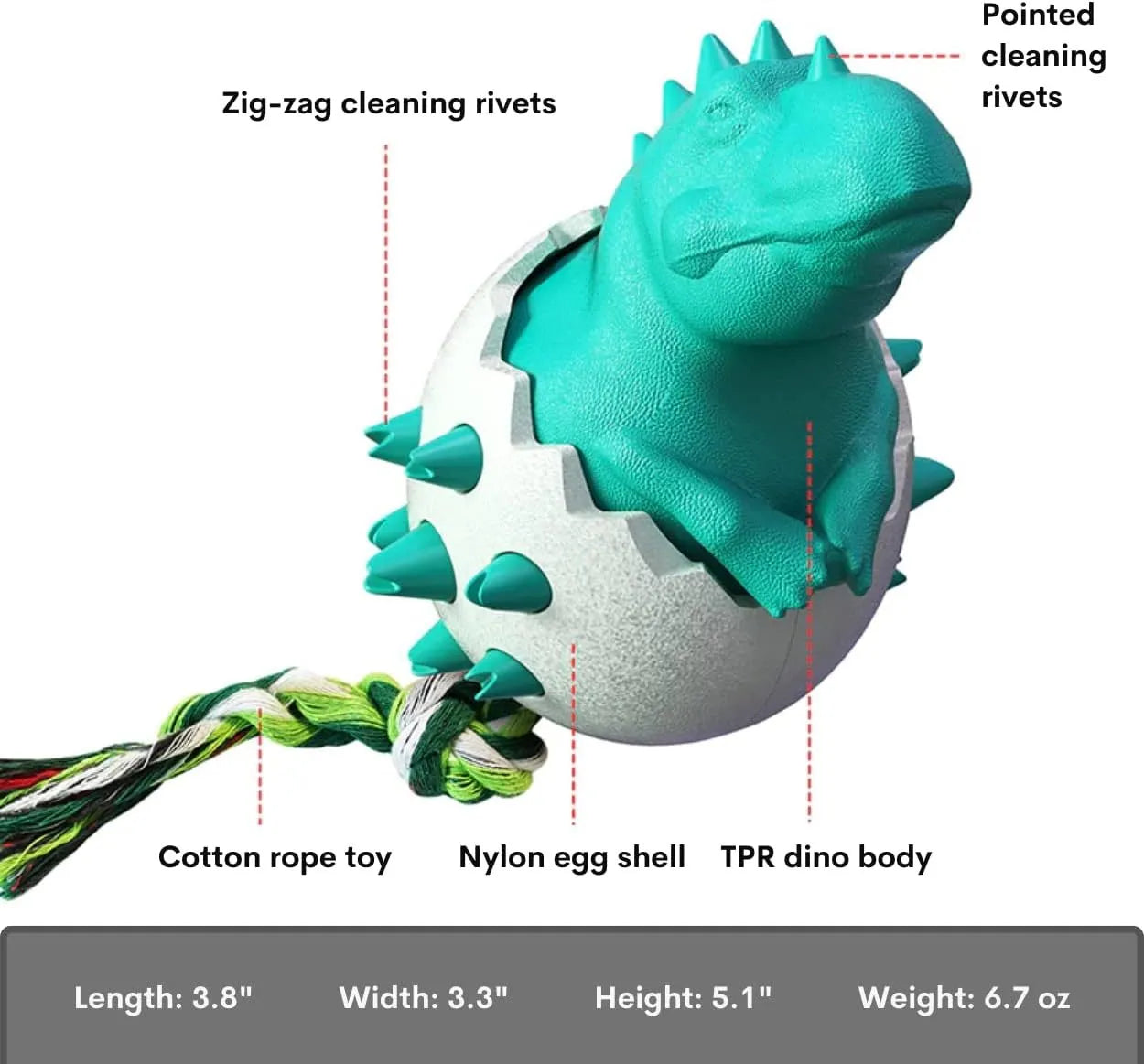 Blue dinosaur-shaped dog chew toy with a rope, showing textured nubs on its surface.