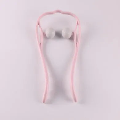 Blue manual swan-shaped neck massager with six rolling wheels and a natural crystal jade scraping board on a white background.