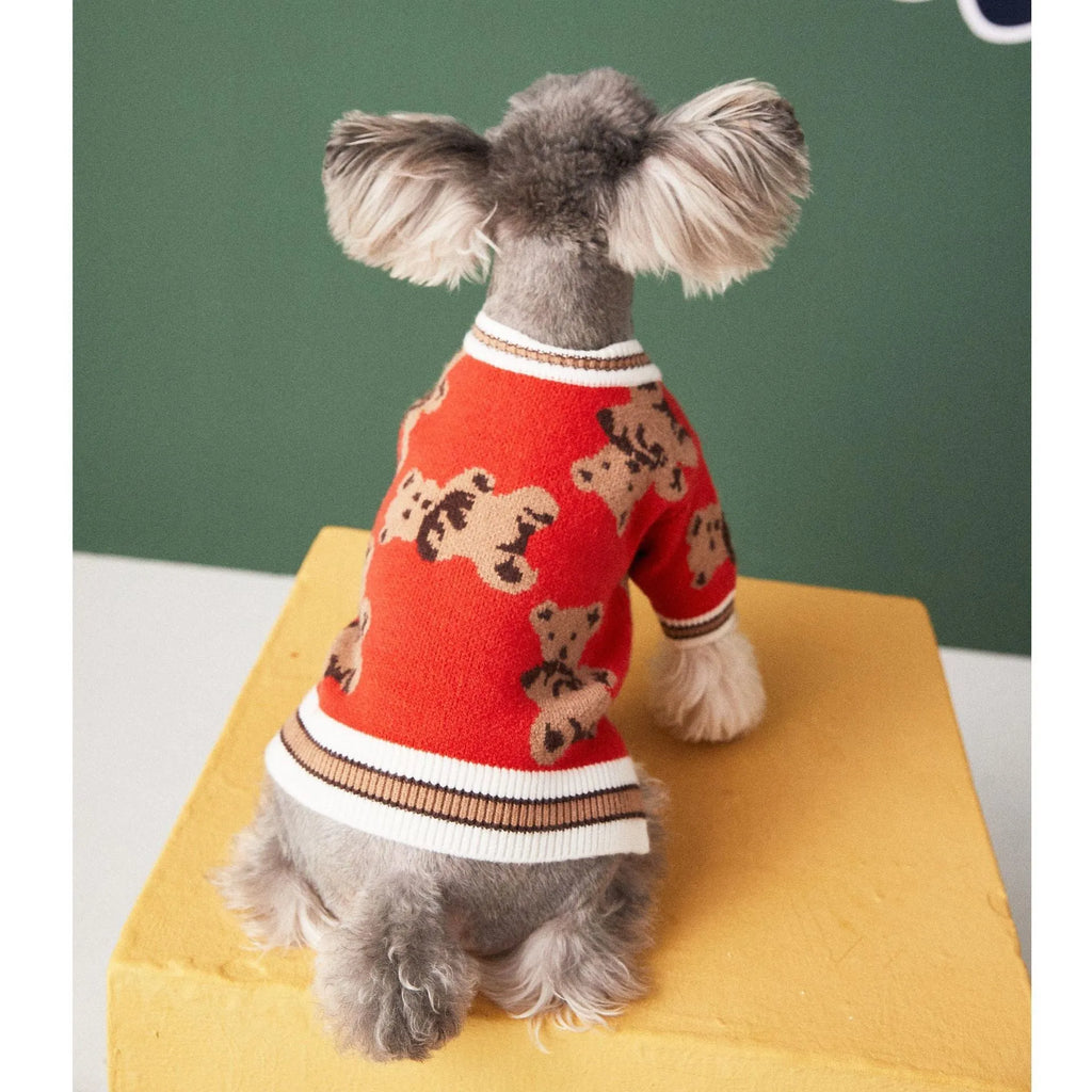 Preppy style wool striped pet sweater for dogs cats in beige colour with V-neck and leash hole on back