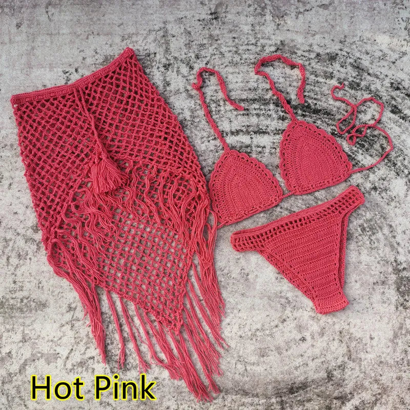 Three-piece handmade crochet bikini set with matching beach skirt in multiple colour options