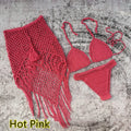 Three-piece handmade crochet bikini set with matching beach skirt in multiple colour options