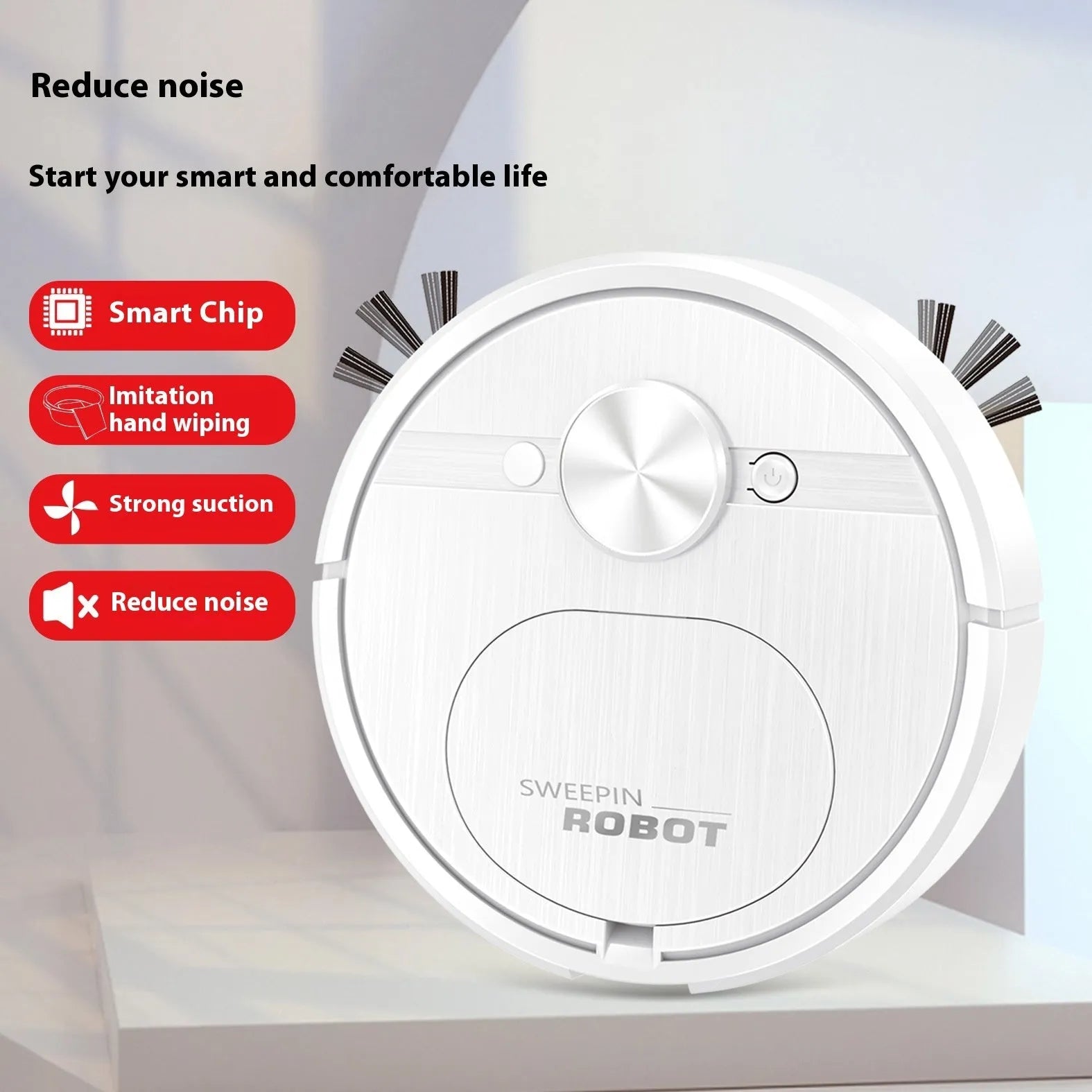 USB charging robot vacuum cleaner with automatic 3-in-1 cleaning functions in black or white colour.