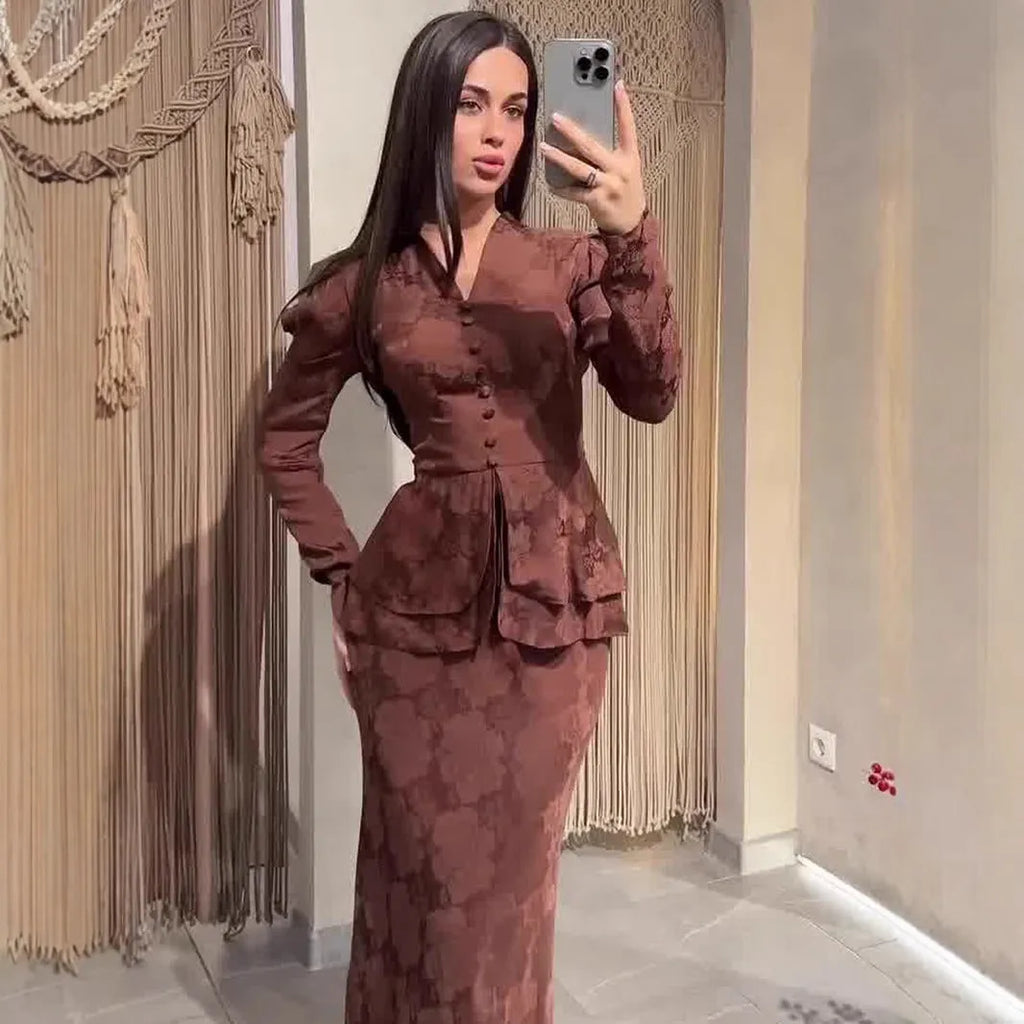 Dark brown artistic retro long sleeve dress with plant pattern and fake two-piece design
