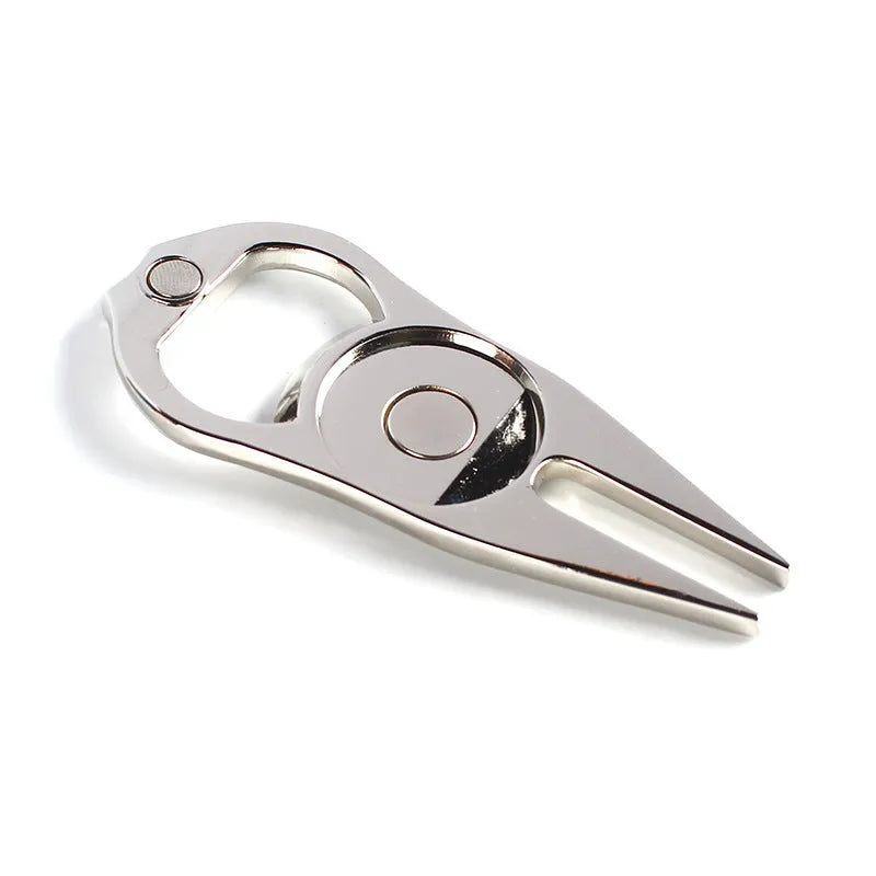 Golf ball yoke bottle opener and marking tool in black, green or silver zinc alloy finish