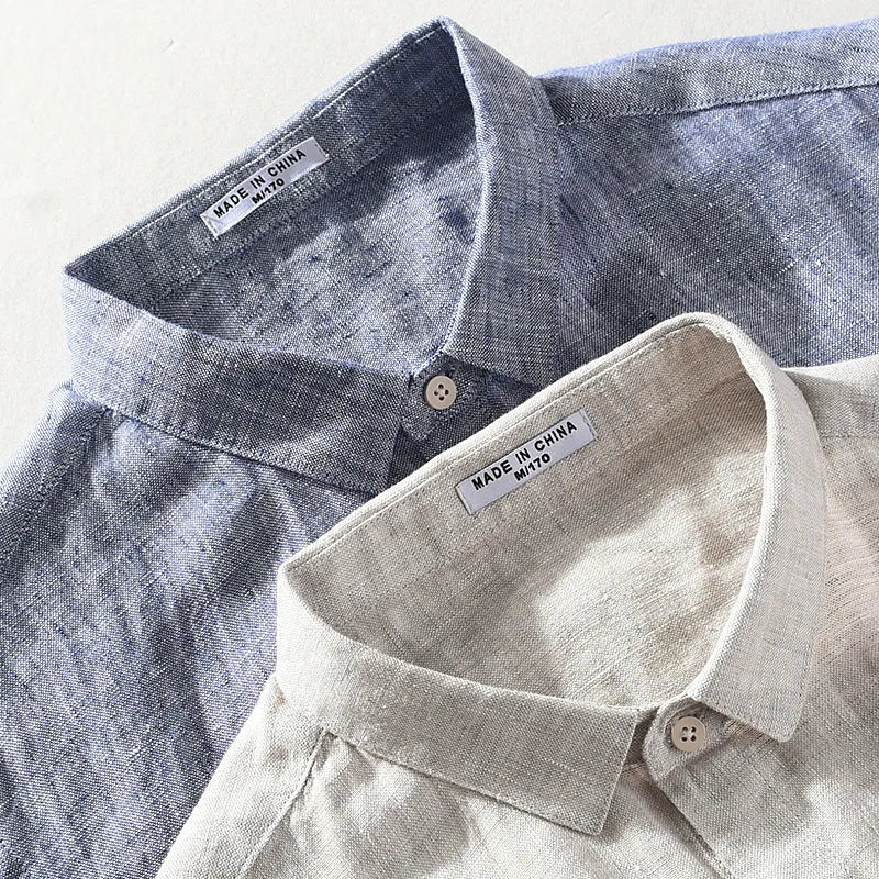 Men's linen shirt with square collar and short sleeves in raw jute colour