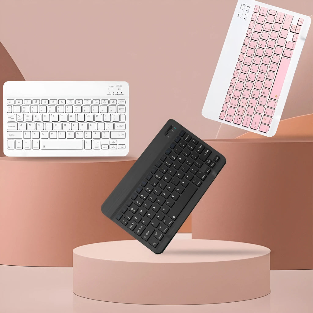 Creative solid colour Bluetooth keyboard and mouse set showing keyboard, mouse, and USB linker.