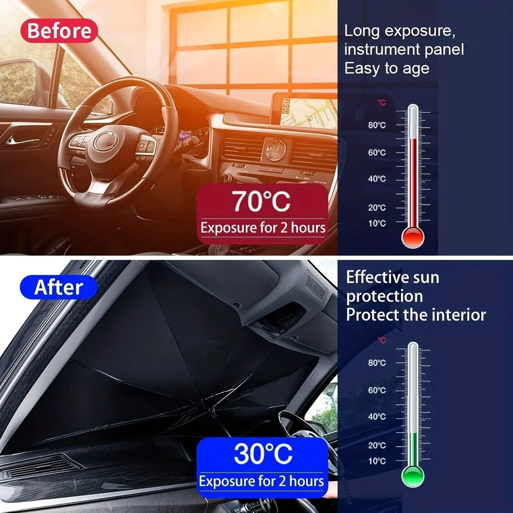 Foldable car windshield sunshade umbrella shown in open position against vehicle windshield