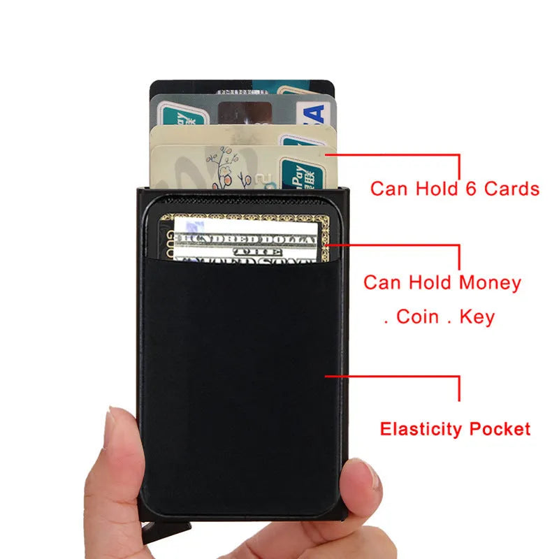 Aluminium alloy metal credit card holder with frosted finish showing eight colour options