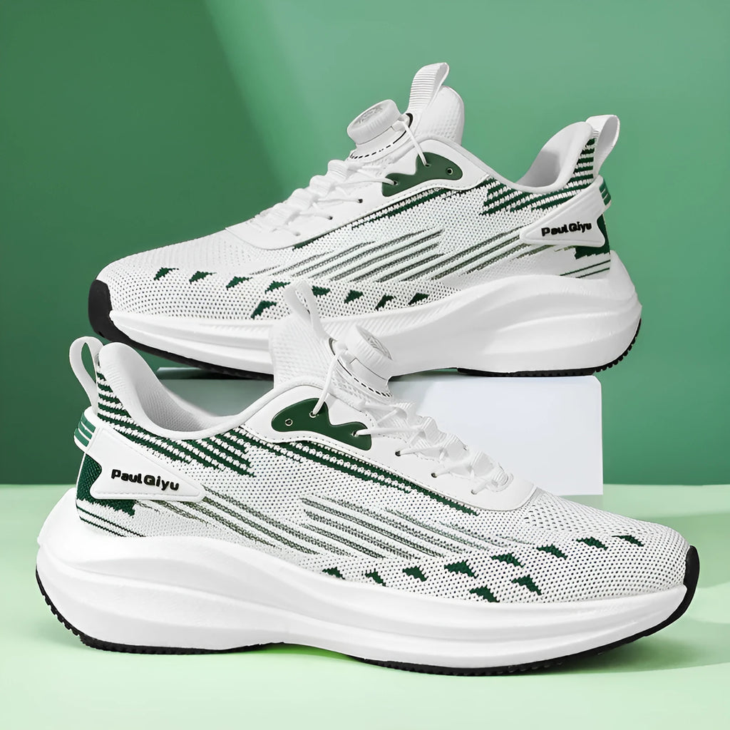 Men's white green rotating buckle running shoes with Fly-kit mesh upper and low-top design