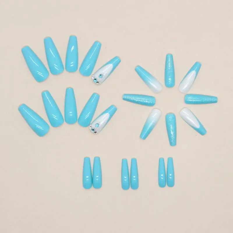 Smart blue diamond false nails with long ballet shape and included adhesive glue