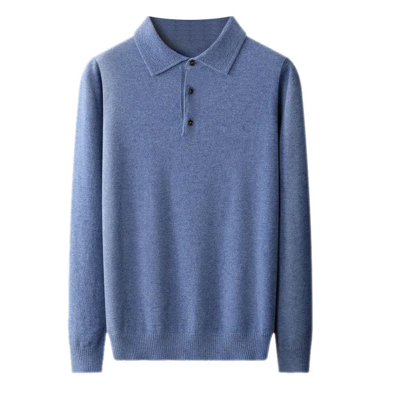 Men's grey wool pullover sweater with a polo collar and long sleeves, showing collage stitch detail.