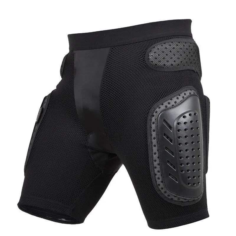 Black cycling protective pants with hip pads in sizes S, M, L, XL.