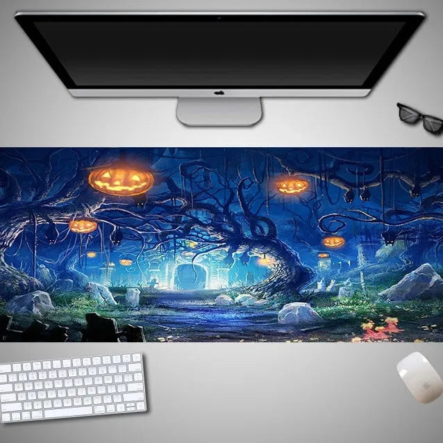Oversized Halloween-themed mouse pad with non-slip rubber cloth backing shown in one of 28 available pattern designs