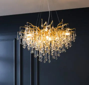 Crystal chandelier with water drop lamps and aluminium body, 600mm diameter, adjustable height 0.5m