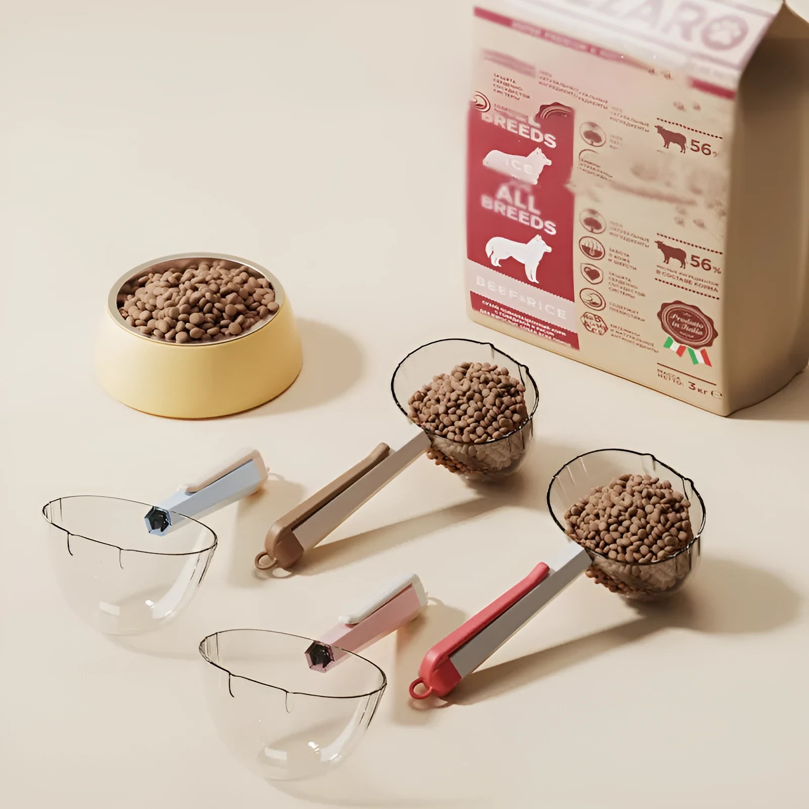 Blue pet food spoon with a clip attached to a dog food bag for hygienic feeding.
