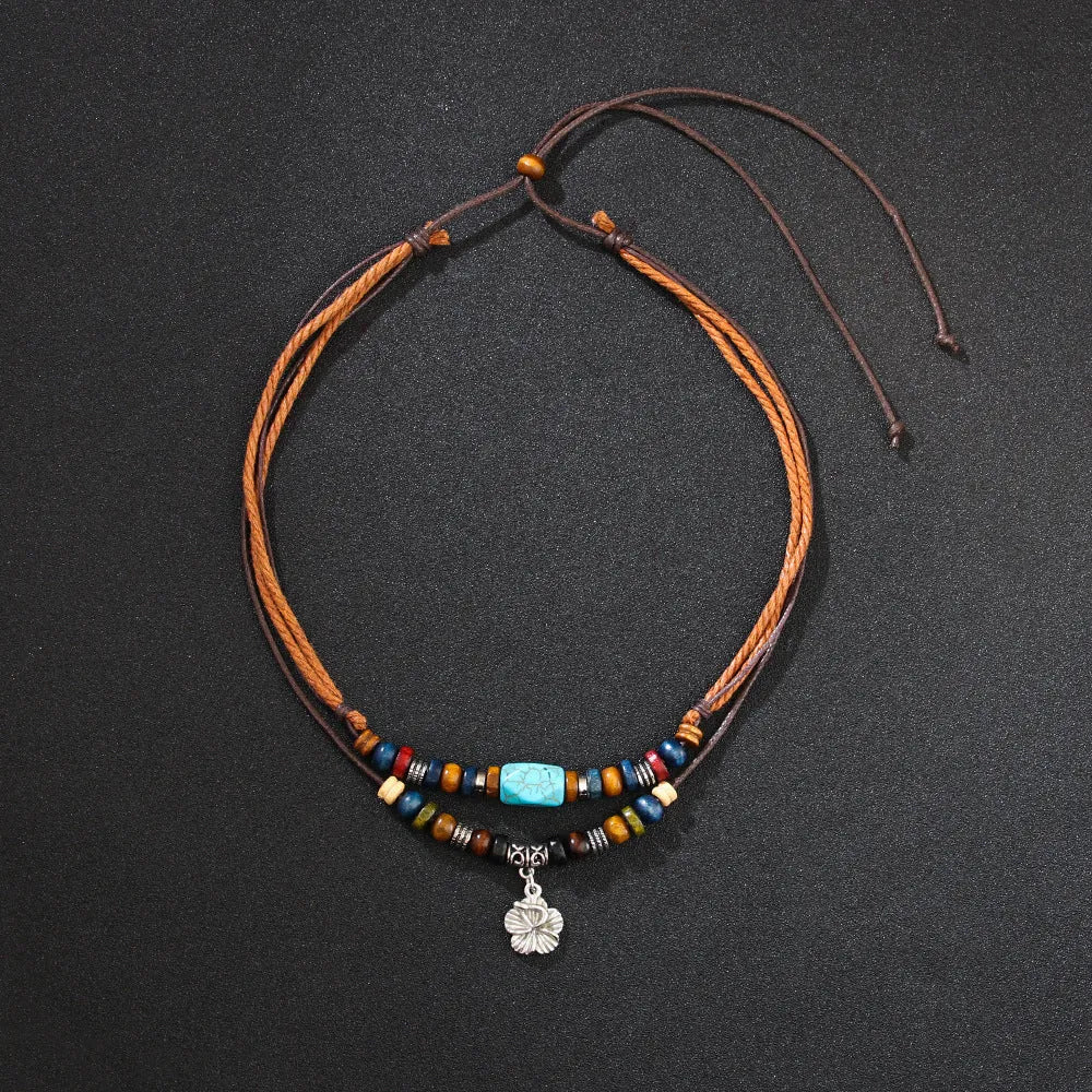 Men's geometric alloy pendant necklace with wooden beads and turquoise wax rope chain
