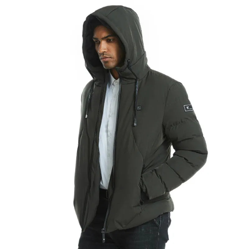 Grey USB electric heated jacket with hood and zipper on a person, outdoor winter background, size M to 7XL available