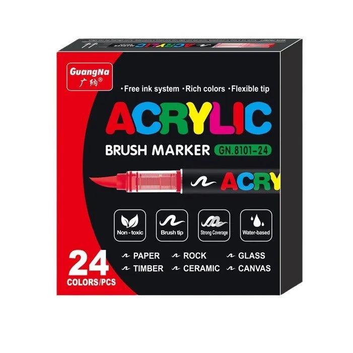 Set of straight liquid acrylic marker pens with soft heads, showing multiple colour options for art and graffiti.