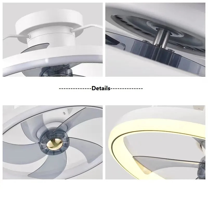 Modern simple design ceiling fan with light showing PC blades and acrylic lampshade in a chosen colour