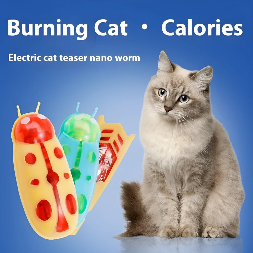 Electric toothbrush worm cat teaser toy showing iron cow and ladybug designs with nano jumping insect motion