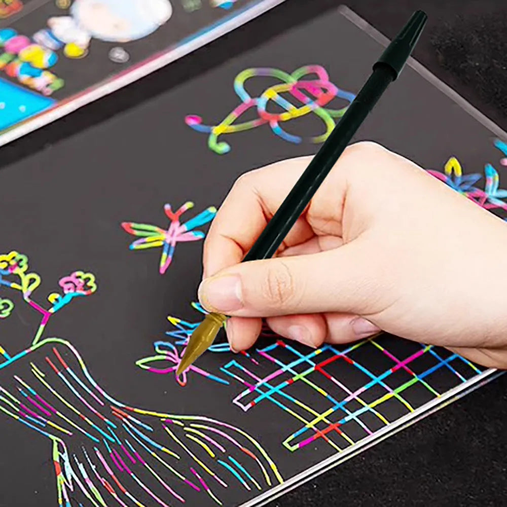 Children's scratch art pen with integrated brush made from white PS plastic for creative drawing projects