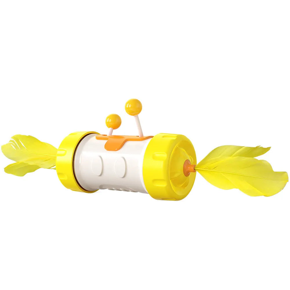 Interactive cat toy set with blue stick pole, feather ball, and yellow rolling tumbler puzzle on a floor.