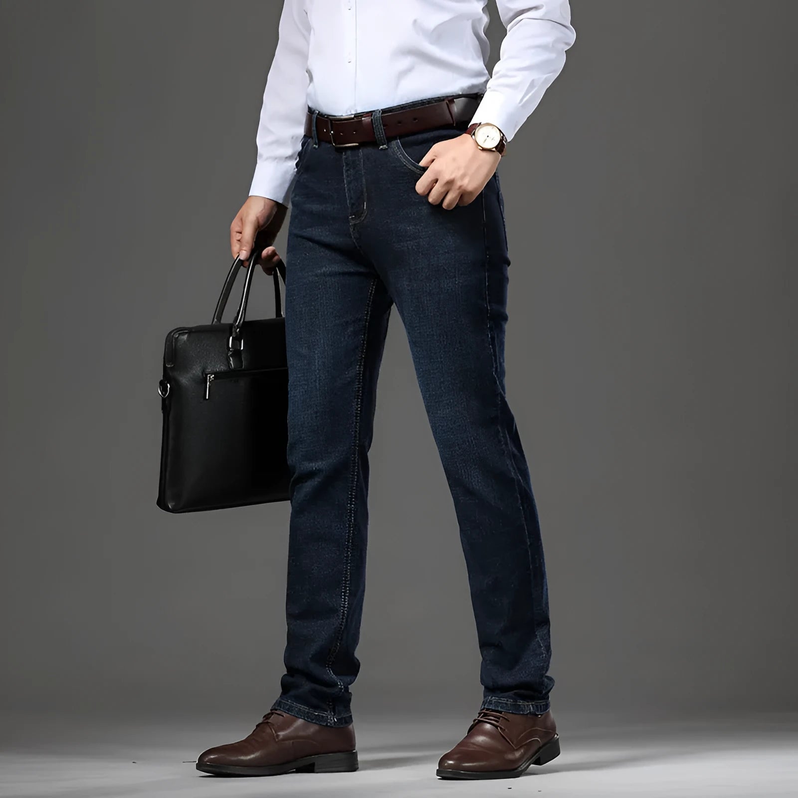 Straight leg stretch jeans in blue denim on a mid-waist model, showing zip fly and high elasticity fabric.