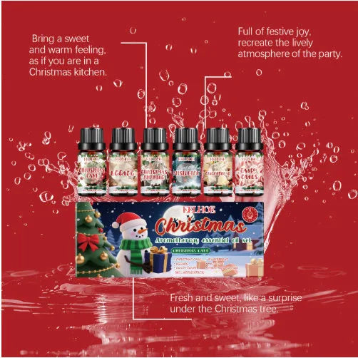 Christmas aromatherapy oil gift set showing six 10ml bottles with warm home fragrance scents