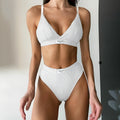 Women's grey embroidery bikini set with contrast colour binding and sleeveless shorts design