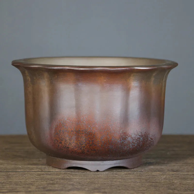 Antique carved purple sand clay ceramic flowerpot for indoor bonsai displays
