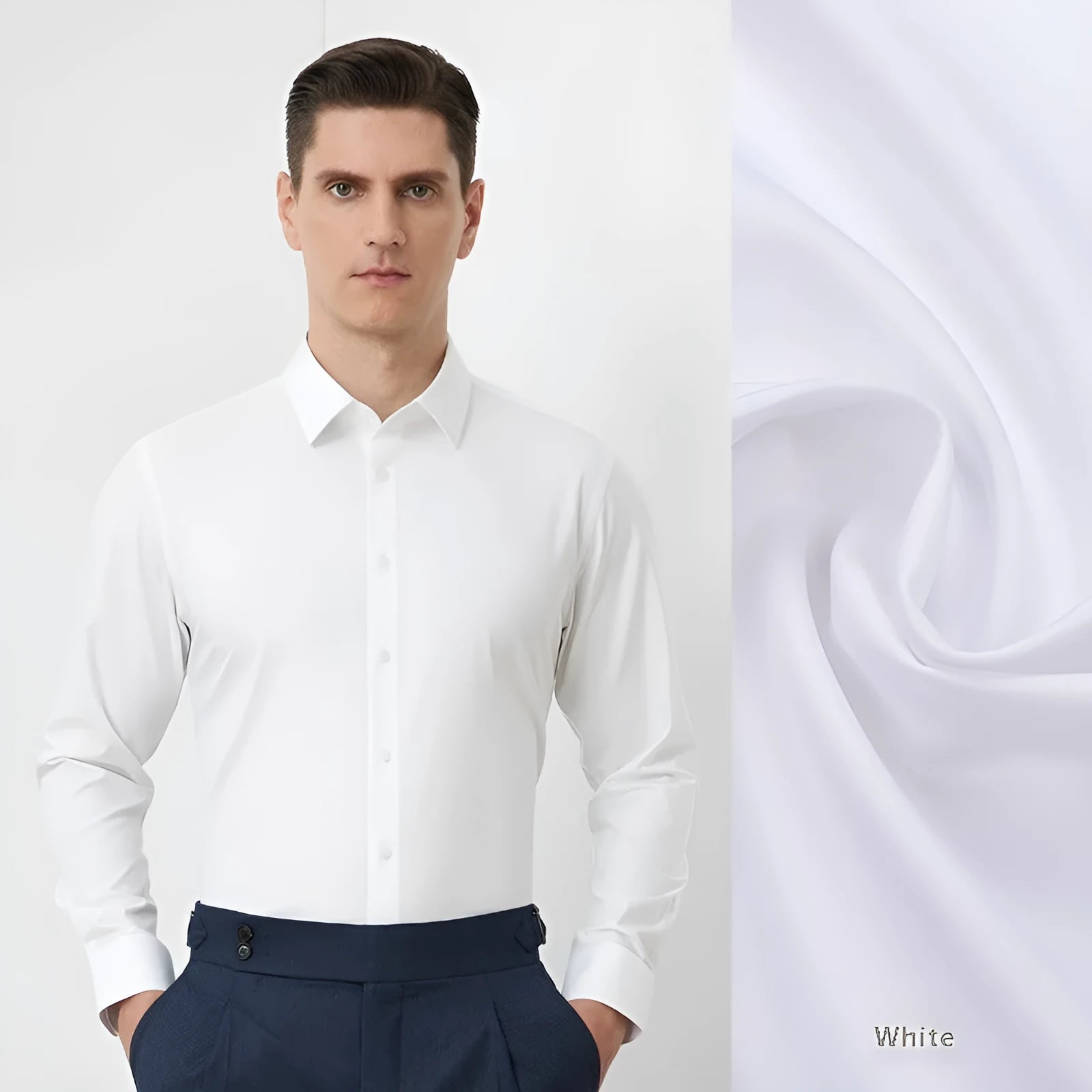 Men's light blue long-sleeved casual shirt with non-ironing bamboo polyester fabric on a hanger.