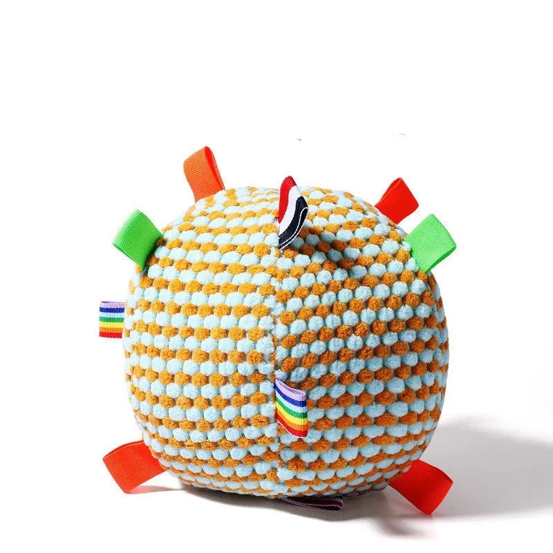 Blue and yellow vocal ball ring dog toy with pineapple lattice texture, 17cm in diameter.
